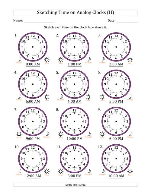The Sketching 12 Hour Time on Analog Clocks in One Hour Intervals (12 Clocks) (H) Math Worksheet