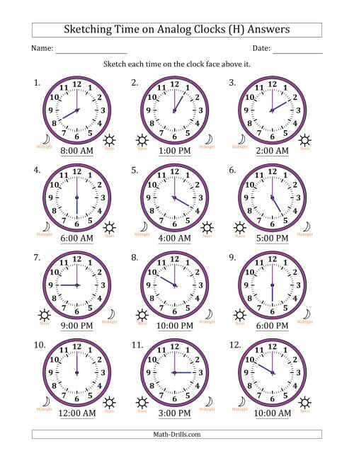 The Sketching 12 Hour Time on Analog Clocks in One Hour Intervals (12 Clocks) (H) Math Worksheet Page 2