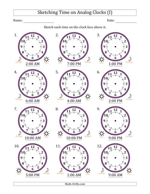 The Sketching 12 Hour Time on Analog Clocks in One Hour Intervals (12 Clocks) (I) Math Worksheet