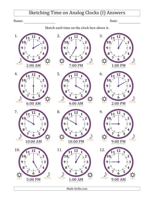 The Sketching 12 Hour Time on Analog Clocks in One Hour Intervals (12 Clocks) (I) Math Worksheet Page 2