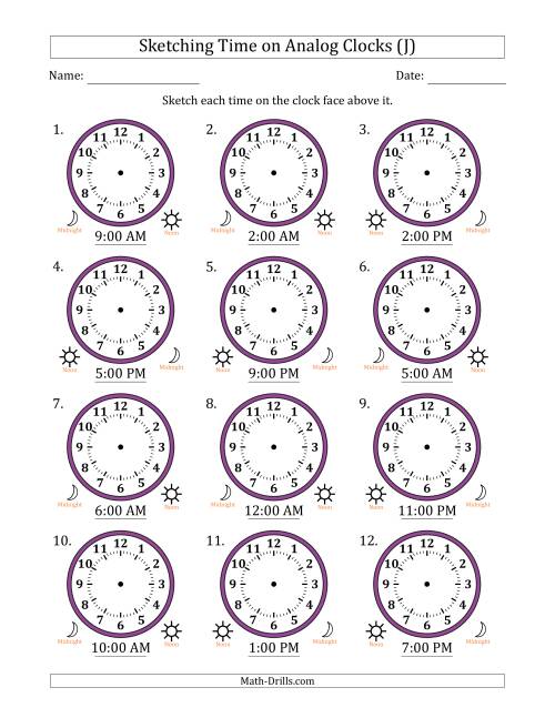 The Sketching 12 Hour Time on Analog Clocks in One Hour Intervals (12 Clocks) (J) Math Worksheet