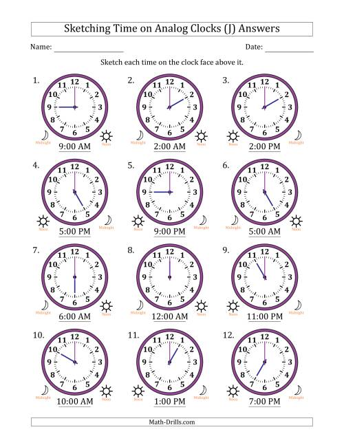 The Sketching 12 Hour Time on Analog Clocks in One Hour Intervals (12 Clocks) (J) Math Worksheet Page 2
