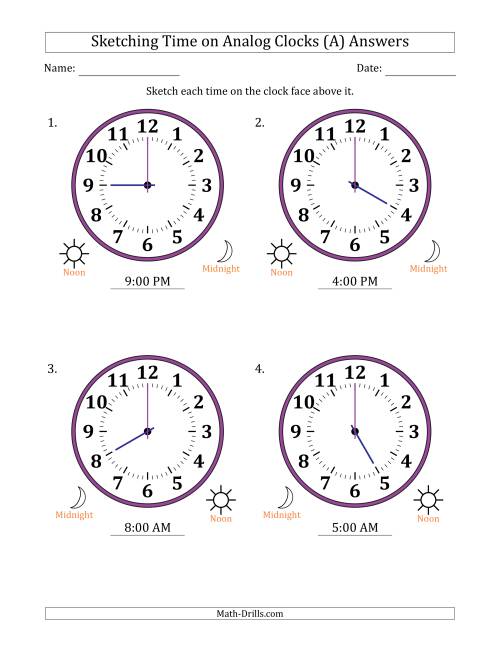 The Sketching 12 Hour Time on Analog Clocks in One Hour Intervals (4 Large Clocks) (A) Math Worksheet Page 2