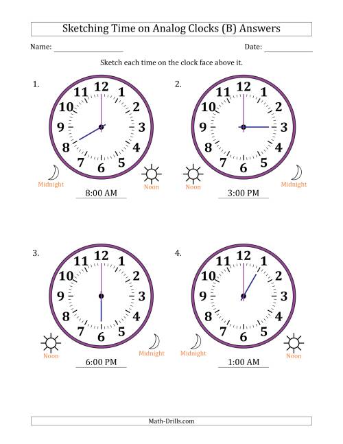 The Sketching 12 Hour Time on Analog Clocks in One Hour Intervals (4 Large Clocks) (B) Math Worksheet Page 2