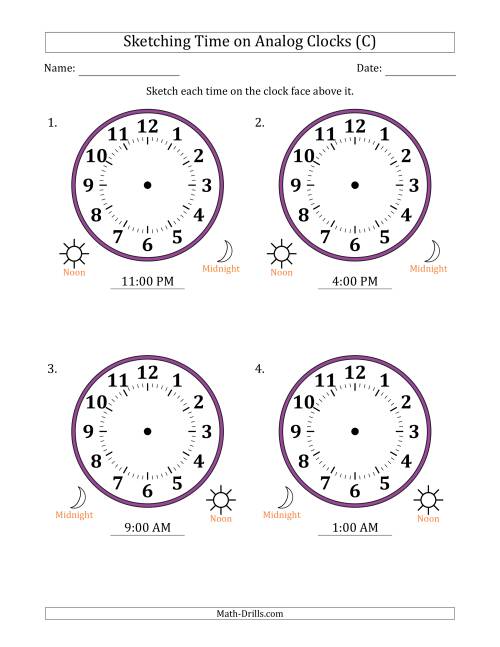 The Sketching 12 Hour Time on Analog Clocks in One Hour Intervals (4 Large Clocks) (C) Math Worksheet