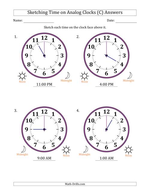 The Sketching 12 Hour Time on Analog Clocks in One Hour Intervals (4 Large Clocks) (C) Math Worksheet Page 2