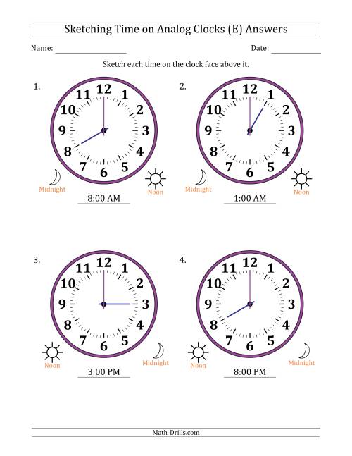 The Sketching 12 Hour Time on Analog Clocks in One Hour Intervals (4 Large Clocks) (E) Math Worksheet Page 2