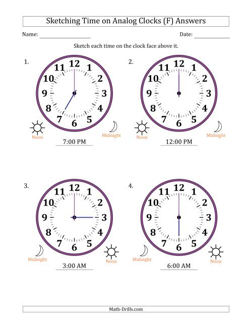 The Sketching 12 Hour Time on Analog Clocks in One Hour Intervals (4 Large Clocks) (F) Math Worksheet Page 2