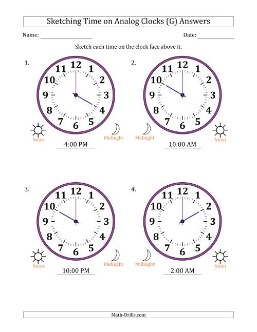 The Sketching 12 Hour Time on Analog Clocks in One Hour Intervals (4 Large Clocks) (G) Math Worksheet Page 2