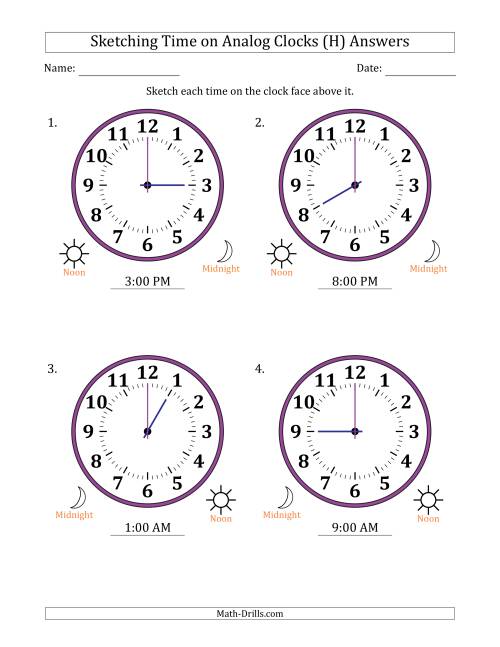 The Sketching 12 Hour Time on Analog Clocks in One Hour Intervals (4 Large Clocks) (H) Math Worksheet Page 2