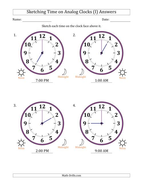 The Sketching 12 Hour Time on Analog Clocks in One Hour Intervals (4 Large Clocks) (I) Math Worksheet Page 2