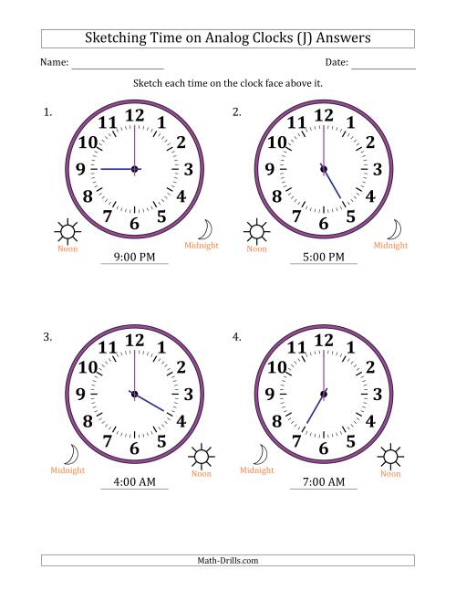 The Sketching 12 Hour Time on Analog Clocks in One Hour Intervals (4 Large Clocks) (J) Math Worksheet Page 2