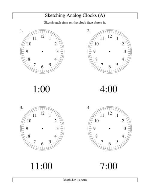 The Sketching Time on Analog Clocks in One Hour Intervals (Old) Math Worksheet