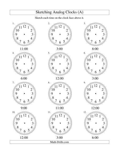 The Sketching Time on Analog Clocks in One Hour Intervals (Old) Math Worksheet