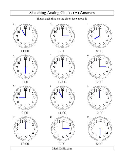 The Sketching Time on Analog Clocks in One Hour Intervals (Old) Math Worksheet Page 2