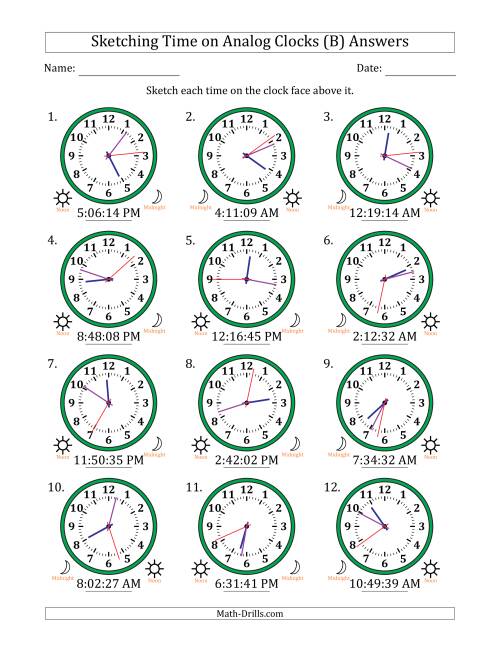 The Sketching 12 Hour Time on Analog Clocks in 1 Second Intervals (12 Clocks) (B) Math Worksheet Page 2