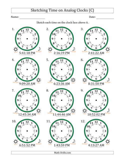 The Sketching 12 Hour Time on Analog Clocks in 1 Second Intervals (12 Clocks) (C) Math Worksheet