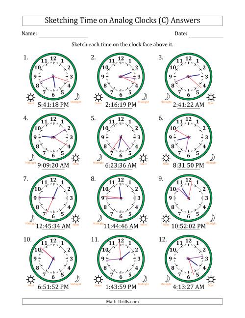 The Sketching 12 Hour Time on Analog Clocks in 1 Second Intervals (12 Clocks) (C) Math Worksheet Page 2