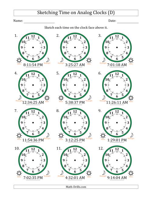 The Sketching 12 Hour Time on Analog Clocks in 1 Second Intervals (12 Clocks) (D) Math Worksheet
