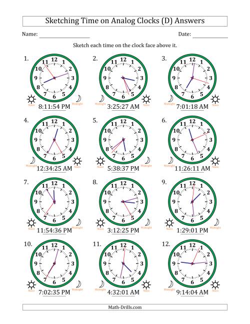 The Sketching 12 Hour Time on Analog Clocks in 1 Second Intervals (12 Clocks) (D) Math Worksheet Page 2