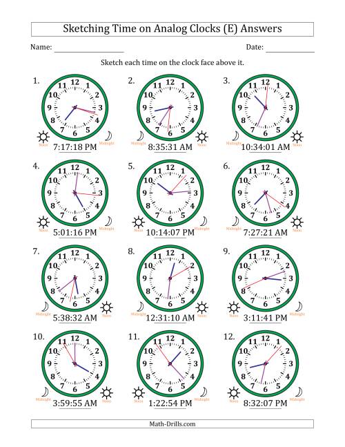 The Sketching 12 Hour Time on Analog Clocks in 1 Second Intervals (12 Clocks) (E) Math Worksheet Page 2