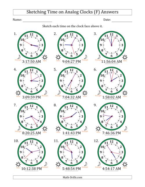The Sketching 12 Hour Time on Analog Clocks in 1 Second Intervals (12 Clocks) (F) Math Worksheet Page 2