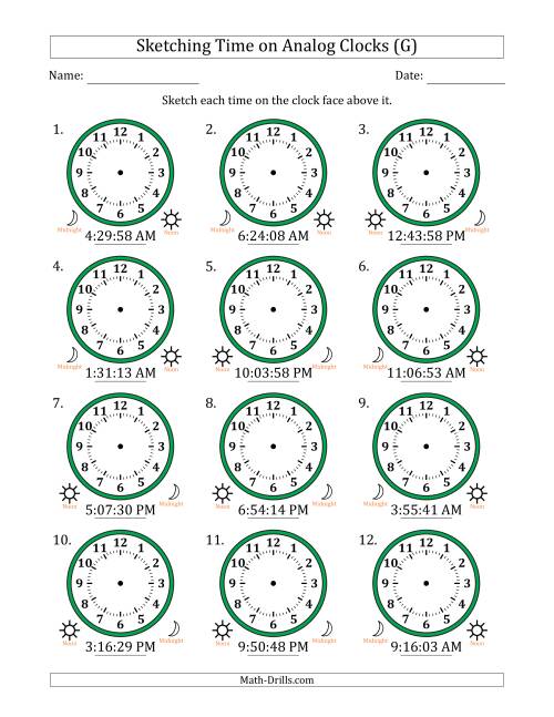 The Sketching 12 Hour Time on Analog Clocks in 1 Second Intervals (12 Clocks) (G) Math Worksheet