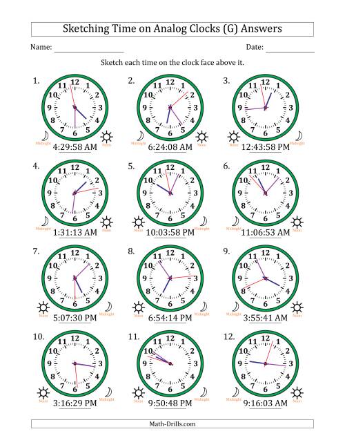The Sketching 12 Hour Time on Analog Clocks in 1 Second Intervals (12 Clocks) (G) Math Worksheet Page 2