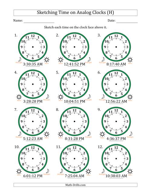 The Sketching 12 Hour Time on Analog Clocks in 1 Second Intervals (12 Clocks) (H) Math Worksheet