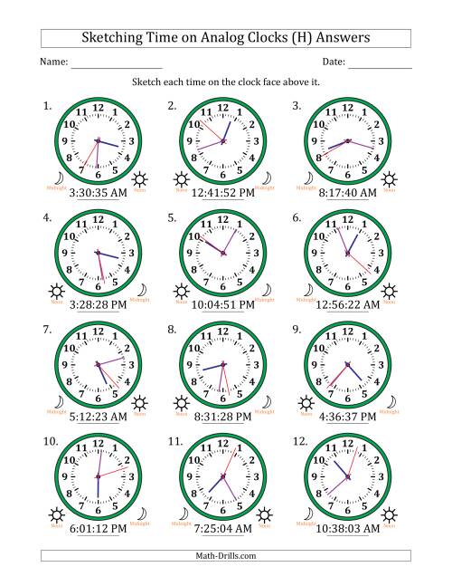 The Sketching 12 Hour Time on Analog Clocks in 1 Second Intervals (12 Clocks) (H) Math Worksheet Page 2
