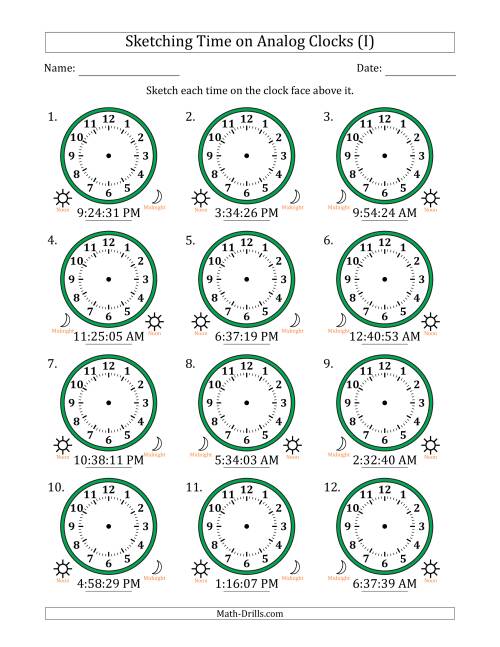 The Sketching 12 Hour Time on Analog Clocks in 1 Second Intervals (12 Clocks) (I) Math Worksheet