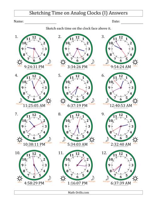 The Sketching 12 Hour Time on Analog Clocks in 1 Second Intervals (12 Clocks) (I) Math Worksheet Page 2