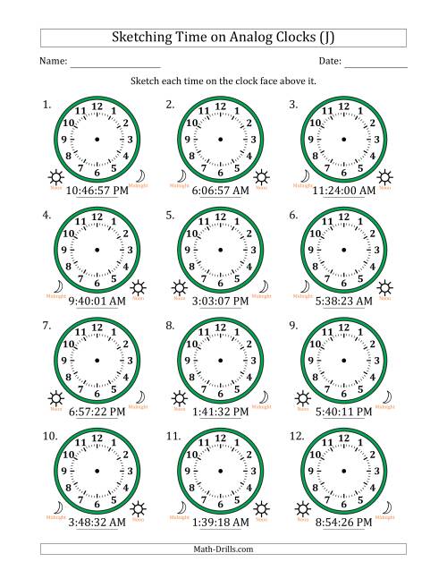The Sketching 12 Hour Time on Analog Clocks in 1 Second Intervals (12 Clocks) (J) Math Worksheet