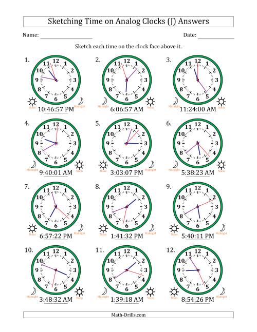 The Sketching 12 Hour Time on Analog Clocks in 1 Second Intervals (12 Clocks) (J) Math Worksheet Page 2