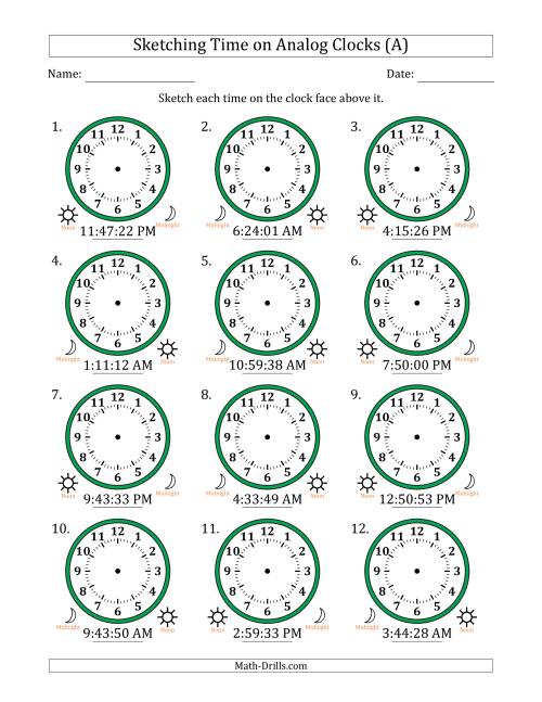 The Sketching 12 Hour Time on Analog Clocks in 1 Second Intervals (12 Clocks) (All) Math Worksheet