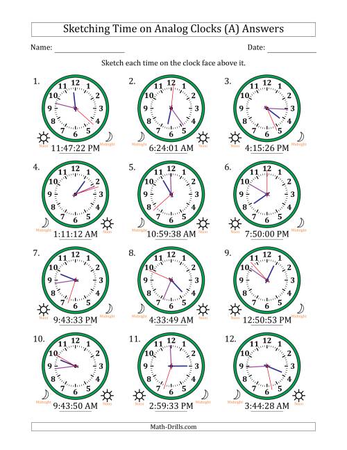 The Sketching 12 Hour Time on Analog Clocks in 1 Second Intervals (12 Clocks) (All) Math Worksheet Page 2