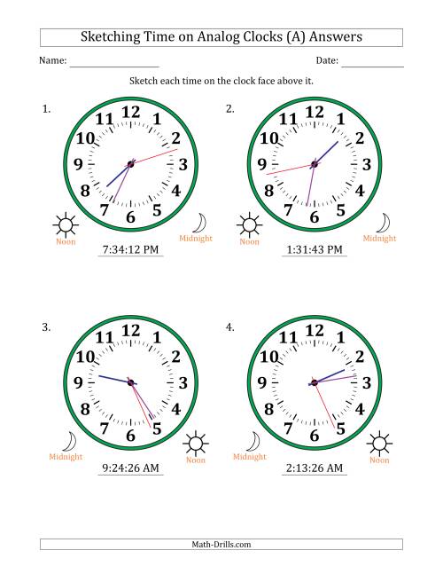 The Sketching 12 Hour Time on Analog Clocks in 1 Second Intervals (4 Large Clocks) (A) Math Worksheet Page 2