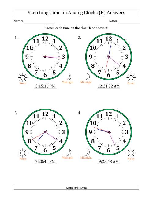 The Sketching 12 Hour Time on Analog Clocks in 1 Second Intervals (4 Large Clocks) (B) Math Worksheet Page 2