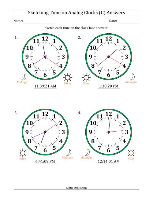 The Sketching 12 Hour Time on Analog Clocks in 1 Second Intervals (4 Large Clocks) (C) Math Worksheet Page 2
