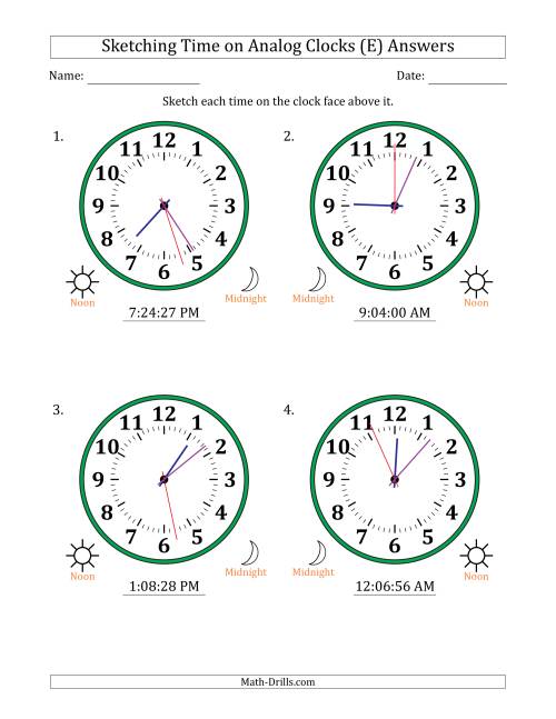 The Sketching 12 Hour Time on Analog Clocks in 1 Second Intervals (4 Large Clocks) (E) Math Worksheet Page 2