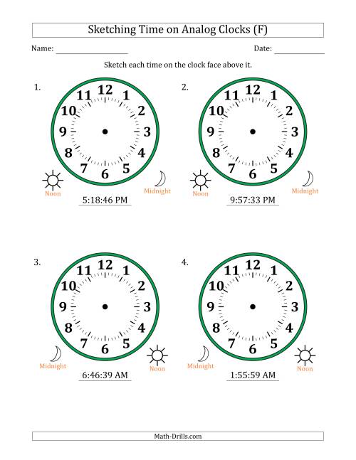 The Sketching 12 Hour Time on Analog Clocks in 1 Second Intervals (4 Large Clocks) (F) Math Worksheet
