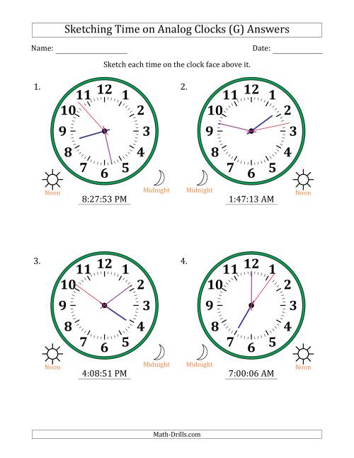 The Sketching 12 Hour Time on Analog Clocks in 1 Second Intervals (4 Large Clocks) (G) Math Worksheet Page 2