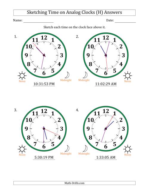 The Sketching 12 Hour Time on Analog Clocks in 1 Second Intervals (4 Large Clocks) (H) Math Worksheet Page 2