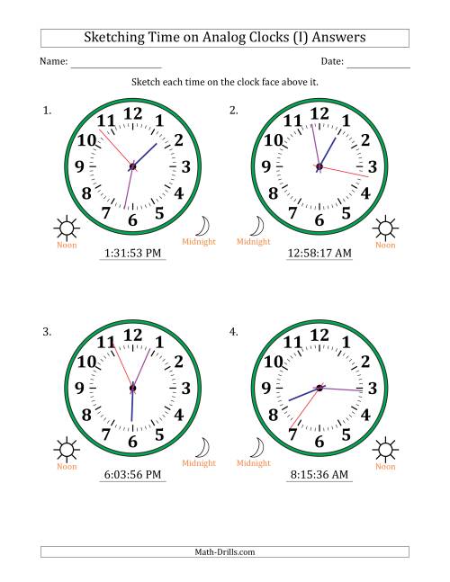 The Sketching 12 Hour Time on Analog Clocks in 1 Second Intervals (4 Large Clocks) (I) Math Worksheet Page 2