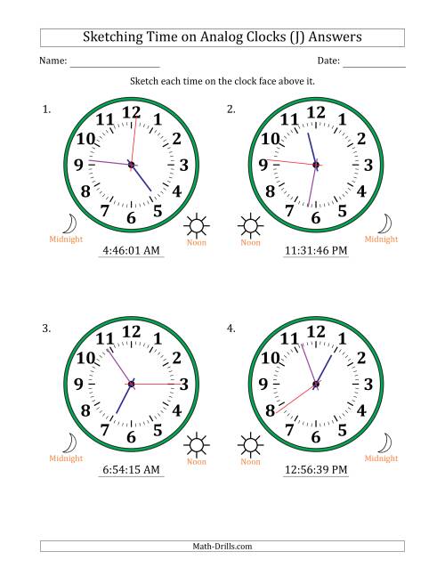 The Sketching 12 Hour Time on Analog Clocks in 1 Second Intervals (4 Large Clocks) (J) Math Worksheet Page 2
