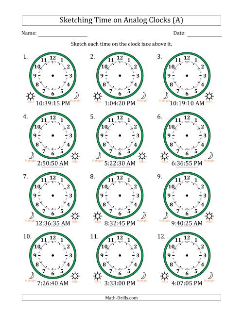 The Sketching 12 Hour Time on Analog Clocks in 5 Second Intervals (12 Clocks) (A) Math Worksheet