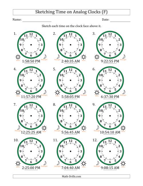 The Sketching 12 Hour Time on Analog Clocks in 5 Second Intervals (12 Clocks) (F) Math Worksheet