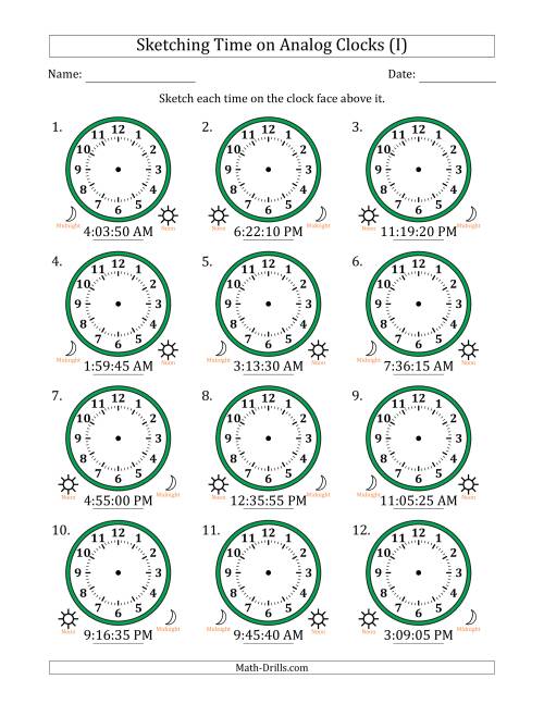 The Sketching 12 Hour Time on Analog Clocks in 5 Second Intervals (12 Clocks) (I) Math Worksheet