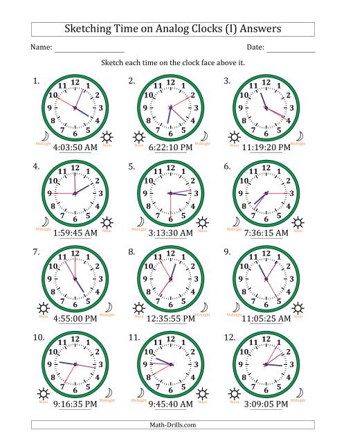 The Sketching 12 Hour Time on Analog Clocks in 5 Second Intervals (12 Clocks) (I) Math Worksheet Page 2