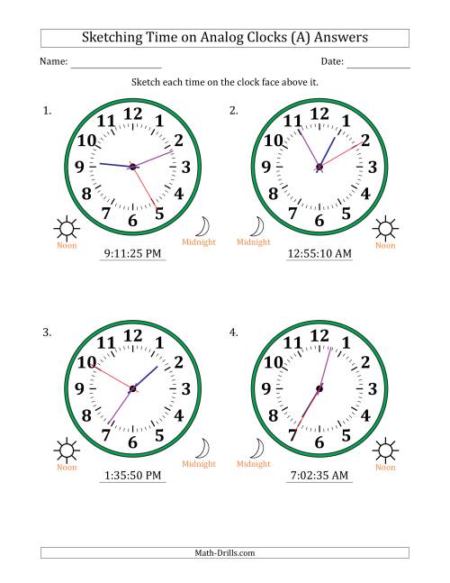 The Sketching 12 Hour Time on Analog Clocks in 5 Second Intervals (4 Large Clocks) (A) Math Worksheet Page 2